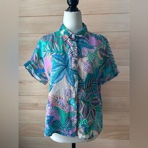 Cynthia Rowley Size Small 100% linen top multicolor leaf print relaxed capsleeve
